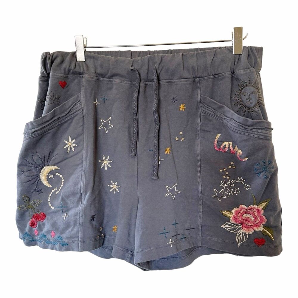 JW Angeles Johnny Was Kia Embroidered Shorts ‘Love’ Sz L Drawstring Waist - Picture 2 of 7